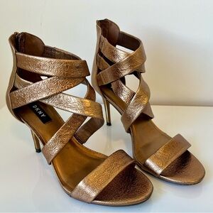 DKNY Women's Metallic Gold Bronze Strappy Heels Cushioned Stiletto 7,5 size